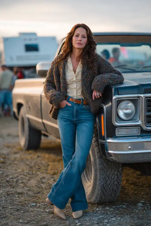 A woman wearing a chunky knit cardigan over a tucked-in blouse, flared jeans, and pointed-toe cowboy boots, leaning against a pickup truck at a concert 