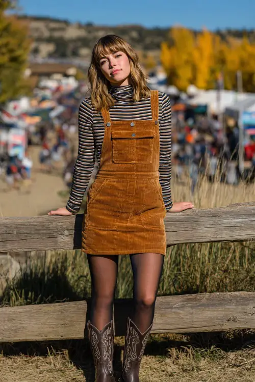 A woman wearing a corduroy pinafore dress layered over a striped turtleneck, paired with tights and cowgirl boots, standing by a wooden fence with a concert crowd behind her