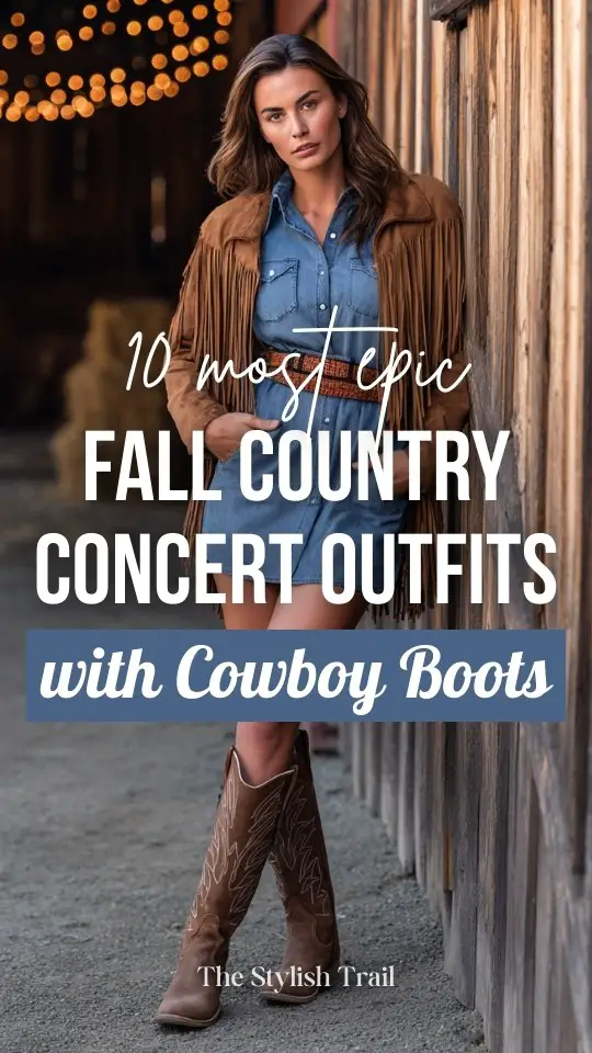 A woman wearing a denim shirt dress cinched with a wide belt, layered with a suede fringe jacket, and tall cowboy boots outfit for a fall country concert
