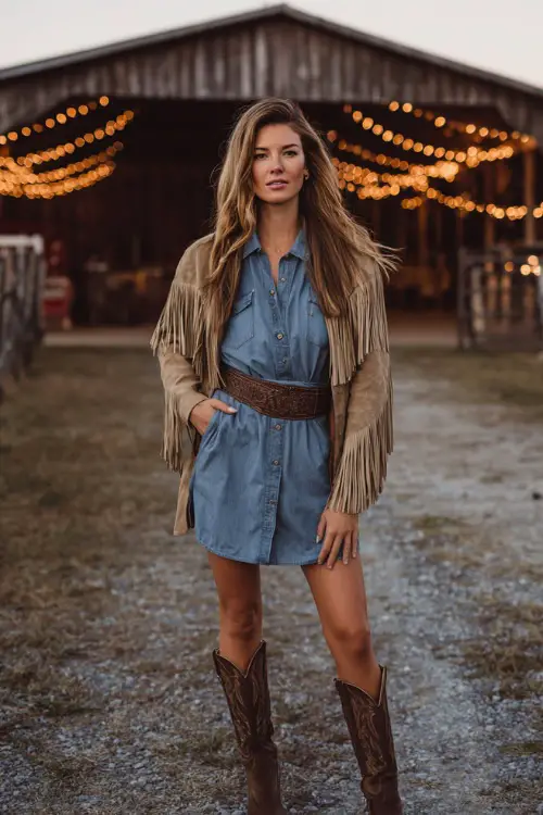 A woman wearing a denim shirt dress cinched with a wide belt, layered with a suede fringe jacket, and tall cowboy boots, standing near a rustic barn with string lights