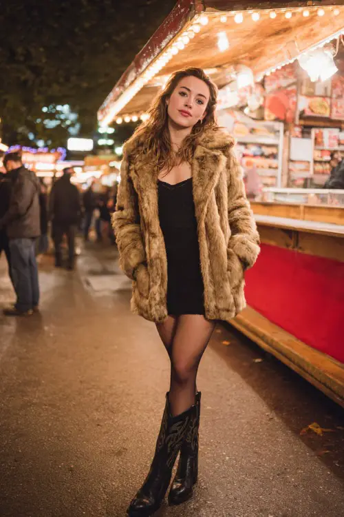 A woman wearing a faux fur jacket over a fitted dress, tights, and black cowboy boots, posing near neon-lit food stands at a night concert, full body, glamorous cold-weather style