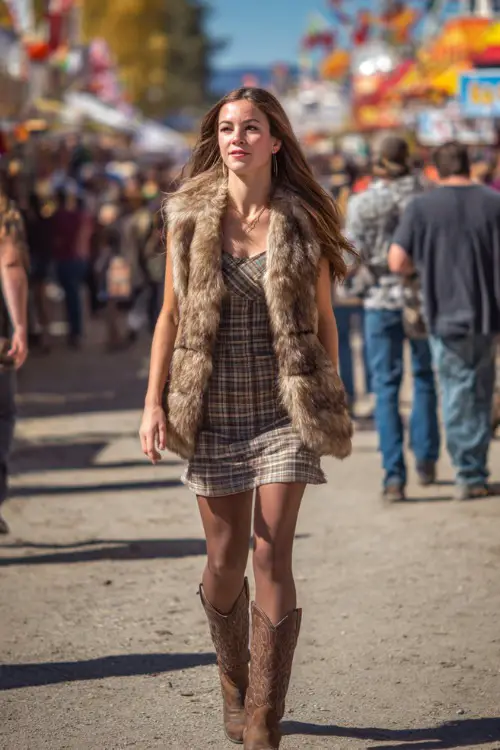 A woman wearing a faux fur vest over a plaid shirt dress, tights, and brown knee-high cowboy boots, walking through a fall festival crowd