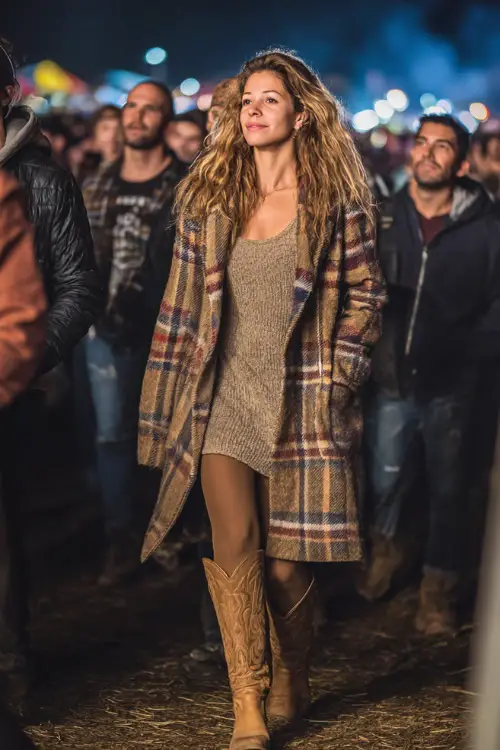 A woman wearing a long plaid coat layered over a sweater dress, tights, and tall suede cowboy boots, walking through a lively crowd at a night concert 