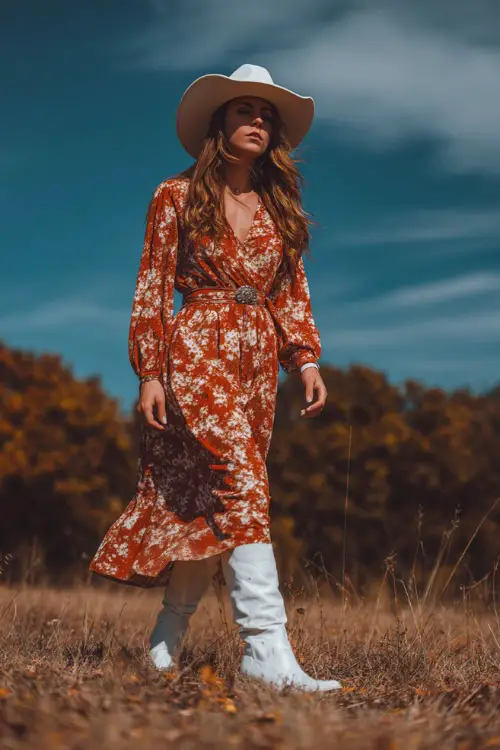 A woman wearing a long-sleeve floral midi dress with a belted waist, paired with pointed-toe white cowgirl boots and a felt hat, walking through a field with autumn leaves