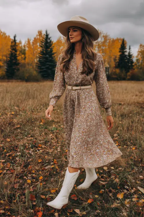 A woman wearing a long-sleeve floral midi dress with a belted waist, paired with pointed-toe white cowgirl boots and a felt hat, walking through a field with autumn leaves 