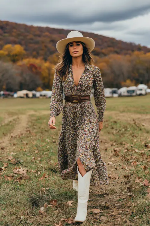 A woman wearing a long-sleeve floral midi dress with a belted waist, paired with pointed-toe white cowgirl boots and a felt hat, walking through a field with autumn leaves