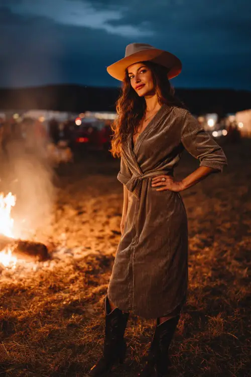 A woman wearing a long-sleeve velvet dress paired with black cowboy boots and a wide-brim hat, standing near a bonfire at an outdoor night concert 