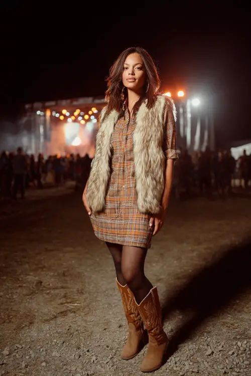 A woman wearing a plaid shirt dress with a fur vest, tights, and cowboy boots, standing in front of a lit-up stage surrounded by fans, full body, warm and stylish fall night look 