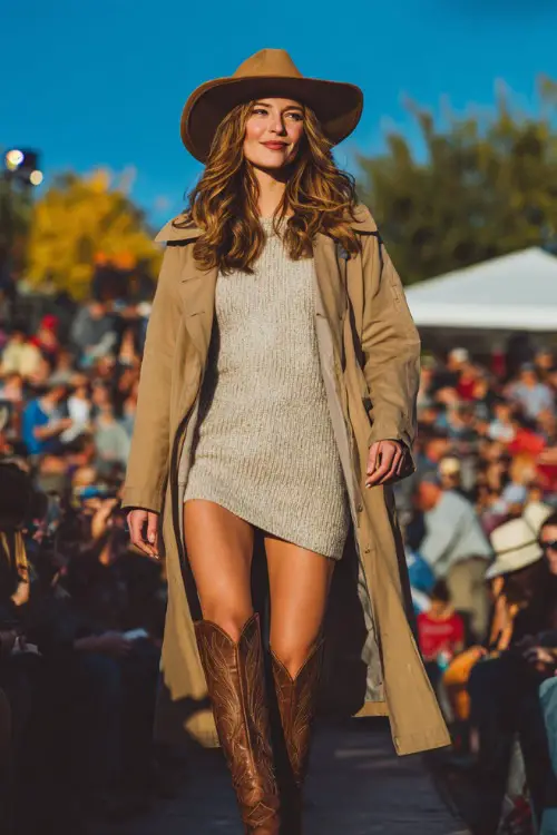 A woman wearing a trench coat layered over a sweater dress, paired with knee-high cowboy boots and a wide-brimmed hat, walking confidently through a festival crowd