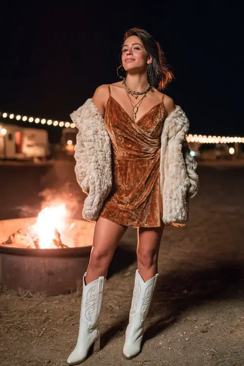 A woman wearing a velvet wrap dress with a cropped faux fur jacket, accessorized with layered necklaces, paired with sleek white cowboy boots, standing near a firepit with glowing lights 
