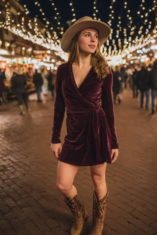 A woman wearing a velvet wrap dress with long sleeves, accessorized with a felt hat and knee-high cowboy boots, standing under glowing fairy lights at night 
