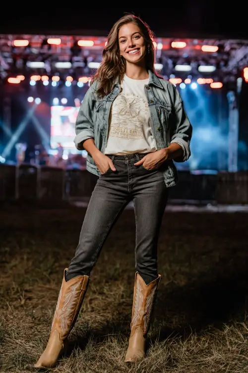 A woman wearing classic straight jeans with rolled cuffs, tucked graphic tee, denim jacket, and tan cowboy boots, standing in front of a glowing country stage