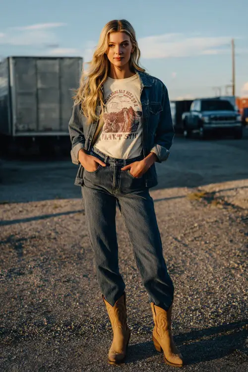 A woman wearing classic straight jeans with rolled cuffs, tucked graphic tee, denim jacket, and tan cowboy boots, standing in front of a glowing country stage 