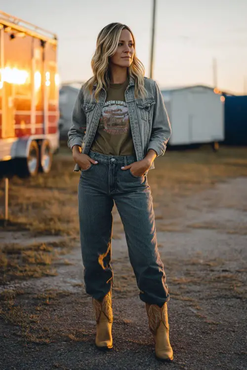 A woman wearing classic straight jeans with rolled cuffs, tucked graphic tee, denim jacket, and tan cowboy boots, standing in front of a glowing country stage