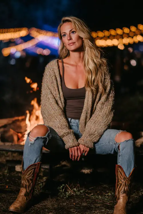 A woman wearing dark ripped jeans, a cozy oversized cardigan, tucked tank top, and cowgirl boots, standing near a firepit with glowing concert lights in the background 