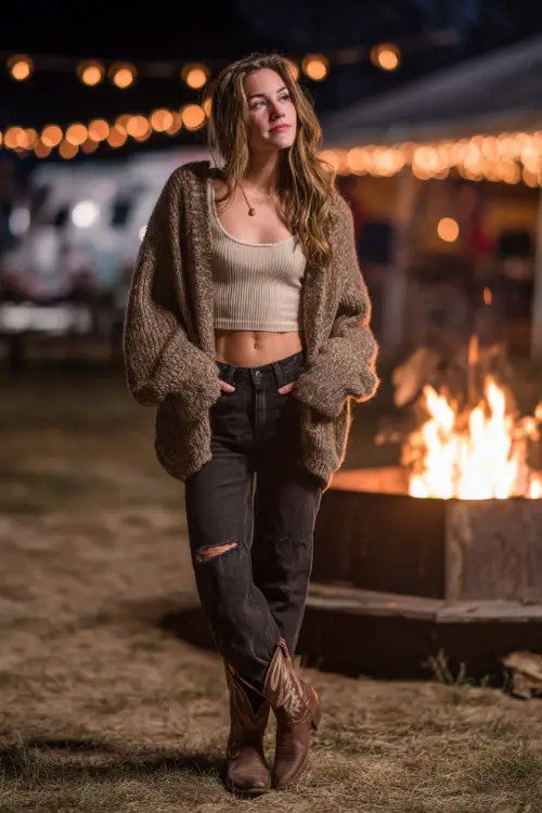A woman wearing dark ripped jeans, a cozy oversized cardigan, tucked tank top, and cowgirl boots, standing near a firepit with glowing concert lights in the background 