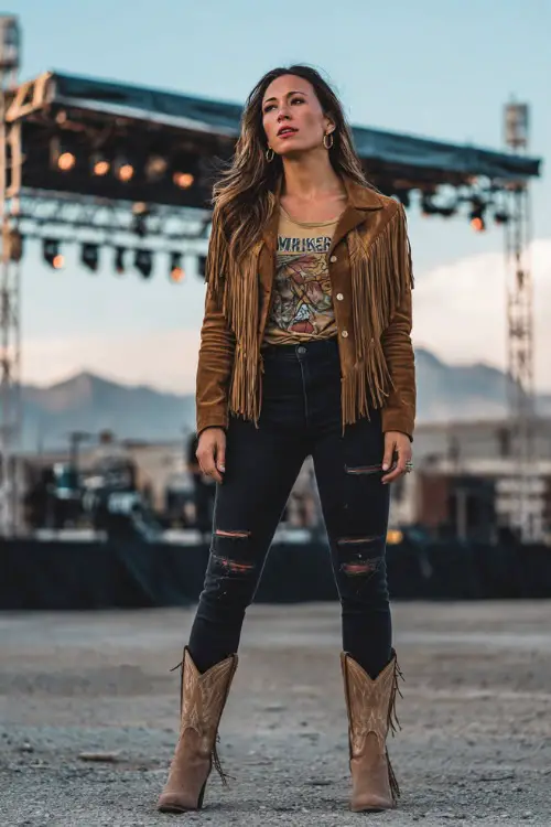 A woman wearing ripped black jeans, a suede fringe jacket, graphic tee, and tan ankle cowboy boots, posing near a lit-up outdoor stage, full body, edgy fall concert outfit 