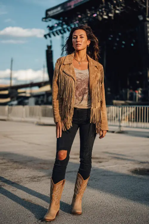 A woman wearing ripped black jeans, a suede fringe jacket, graphic tee, and tan ankle cowboy boots, posing near a lit-up outdoor stage, full body, edgy fall concert outfit 