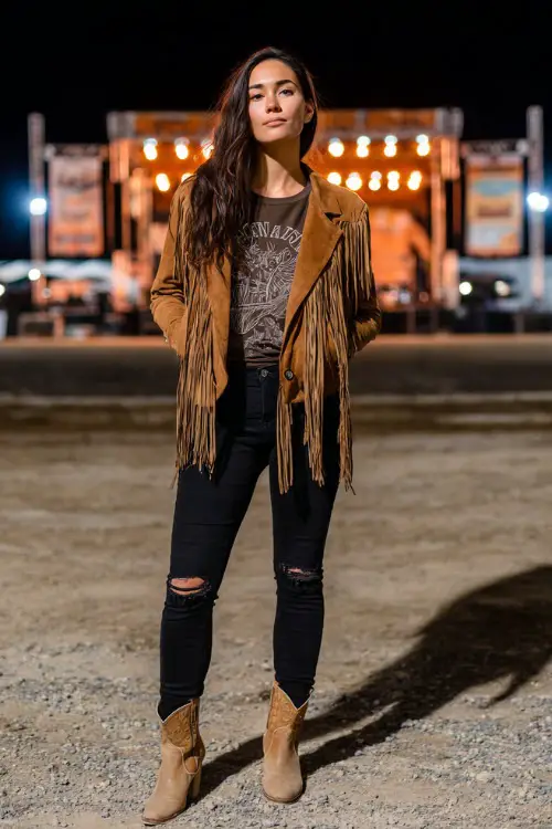 A woman wearing ripped black jeans, a suede fringe jacket, graphic tee, and tan ankle cowboy boots, posing near a lit-up outdoor stage, full body, edgy fall concert outfit
