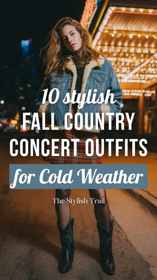 A woman wears a fall country concert outfit with a shearling-lined denim jacket, plaid skirt with tights, and black cowboy boots for cold weather