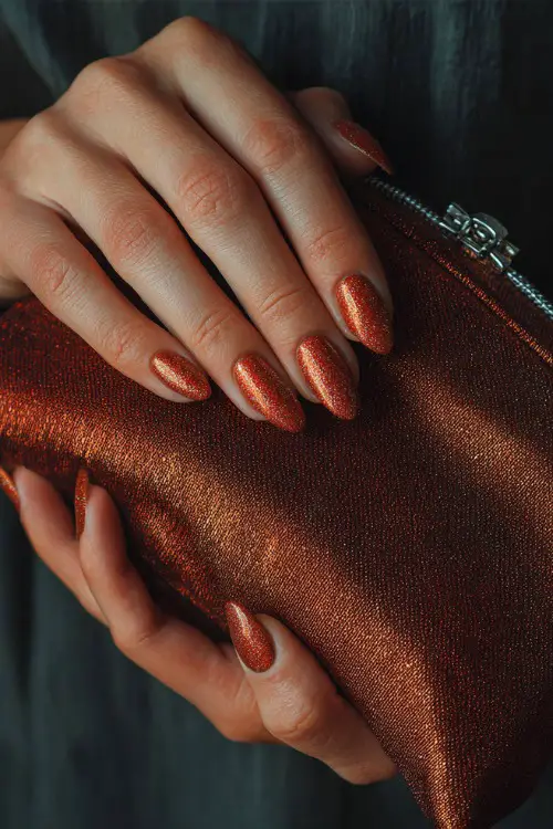 Almond-shaped rust nails with glitter ombré fade, bridesmaid’s hands holding a satin clutch bag
