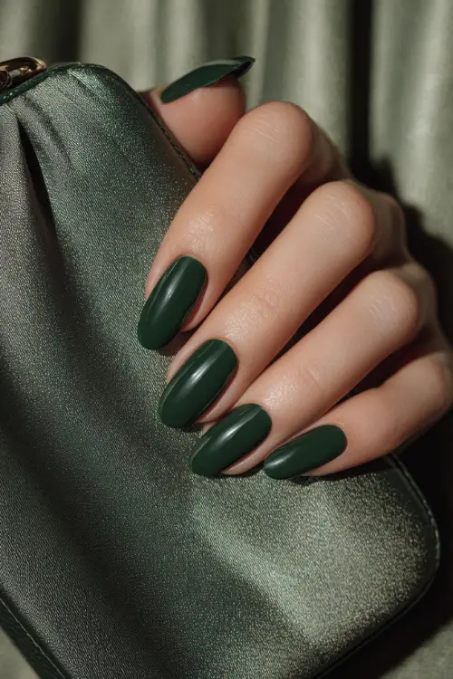 Almond-shaped short nails painted in dark green glossy finish, bridesmaid’s hand holding a satin clutch bag 