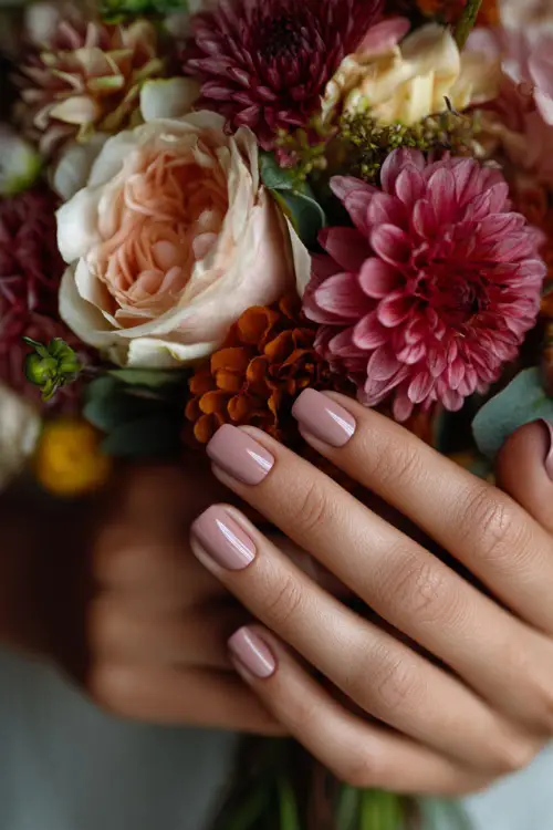 Bridesmaid’s hands with almond-shaped soft blush pink nails, holding a bouquet of autumn roses and dahlias 