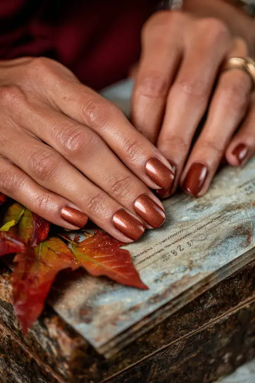 Bridesmaid’s hands with coffin-shaped rust copper nails featuring a glossy chrome finish, holding a rustic wedding menu card decorated with autumn leaves