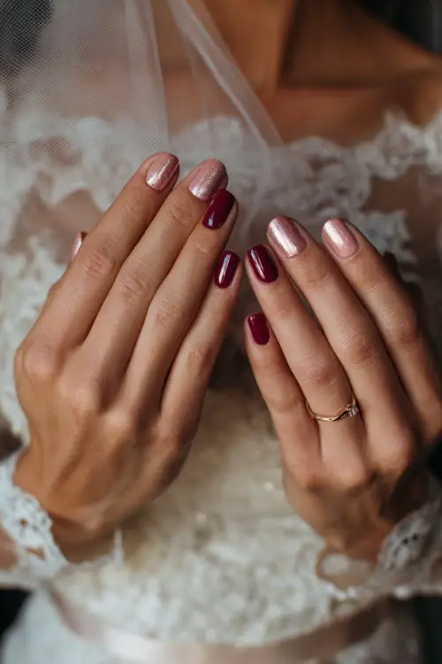 Burgundy and blush ombré nails with metallic rose gold striping, bride’s hands adjusting a silk veil