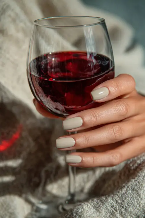Classic short nails painted in light cream, guest’s hand holding a glass of red wine at reception