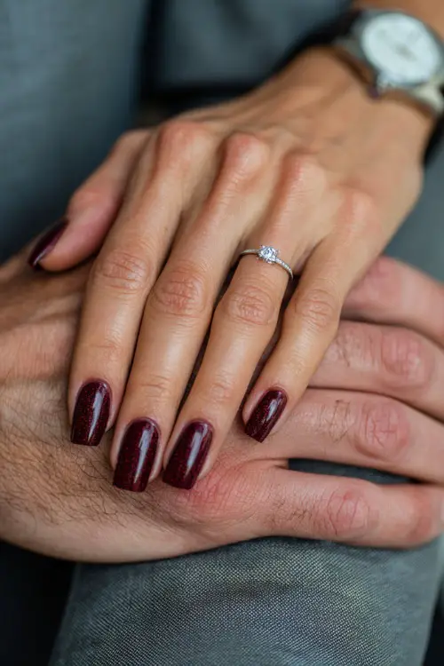 Coffin-shaped burgundy nails with glitter ombré fade, bride’s hands intertwined with groom’s