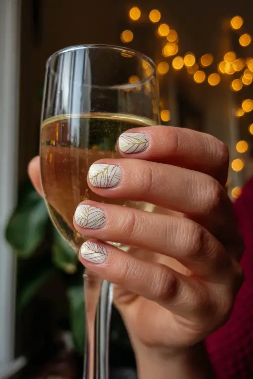 Cream-colored nails with delicate fall leaf designs, guest’s hand holding a glass of champagne under string lights 