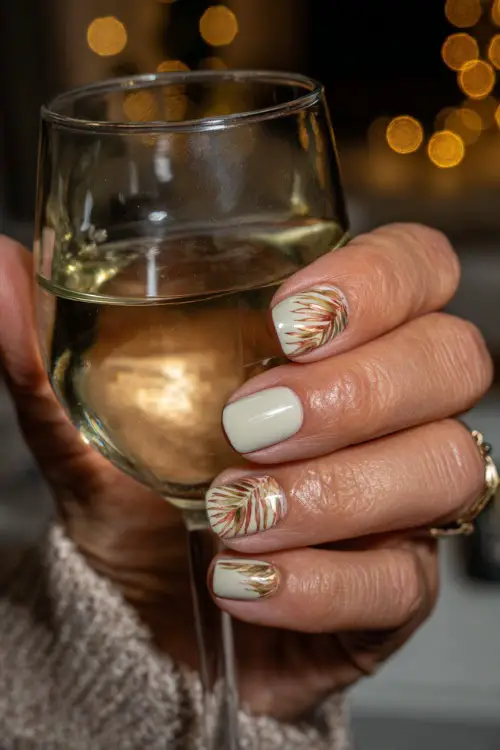 Cream-colored nails with delicate fall leaf designs, guest’s hand holding a glass of champagne under string lights