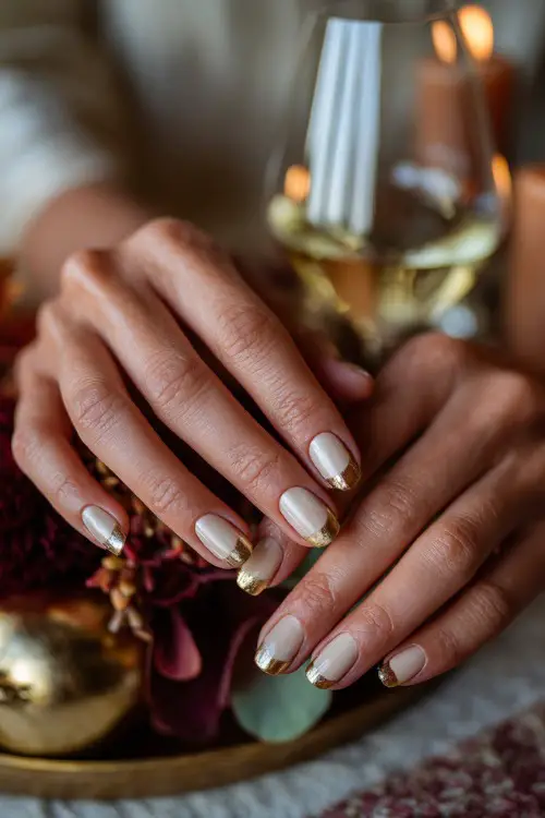 Cream-colored nails with gold foil half-moon design, bride holding a candlelit centerpiece with autumn décor 