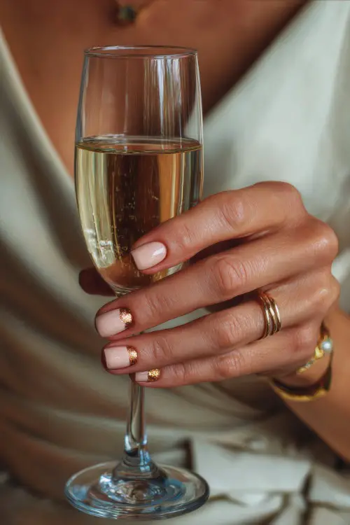 Cream-colored short nails with copper foil accents, bridesmaid holding a champagne glass during reception