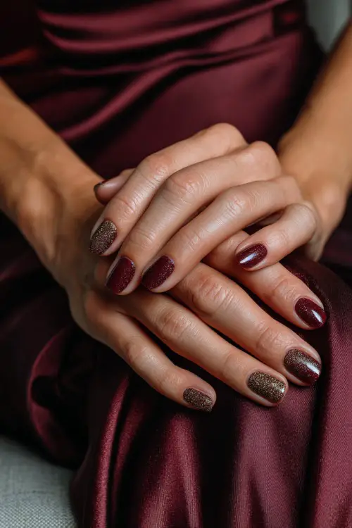 Elegant burgundy nails with gold glitter accent nail, bridesmaid’s hands resting on a satin bridesmaid dress