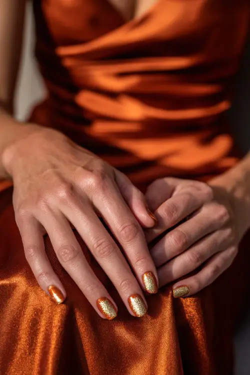 Elegant rust-toned nails with gold glitter accent tips, bridesmaid’s hands resting on a satin rust bridesmaid dress 