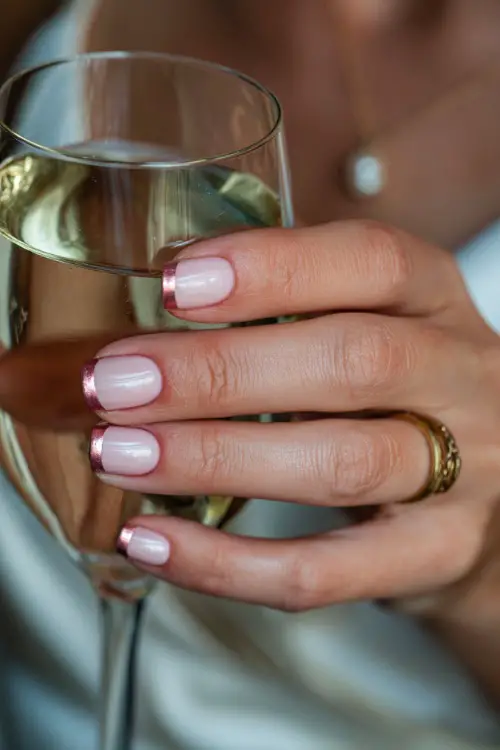 French manicure with blush pink base and rose gold tips, bridesmaid holding a wedding toast glass 