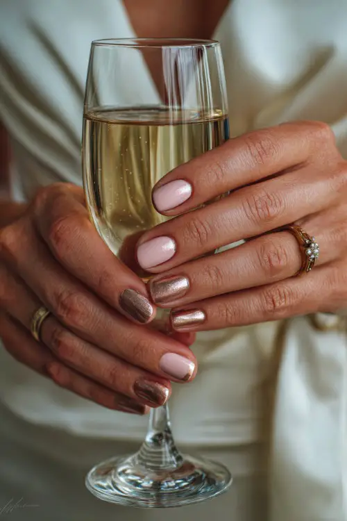 French manicure with blush pink base and rose gold tips, bridesmaid holding a wedding toast glass