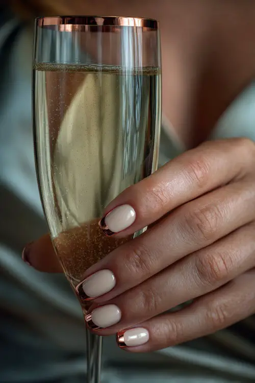 French manicure with cream base and copper metallic tips, guest holding a champagne flute
