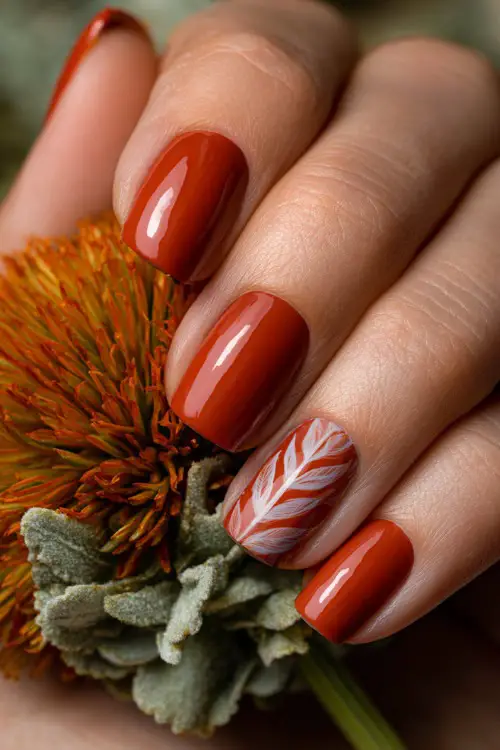 Glossy rust orange nails with hand-painted leaf designs, bridesmaid’s hand holding a floral corsage in autumn wedding setting 