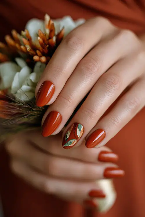 Glossy rust orange nails with hand-painted leaf designs, bridesmaid’s hand holding a floral corsage in autumn wedding setting