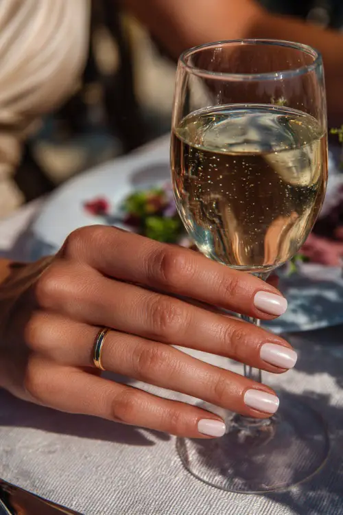 Guest’s hands with short cream-colored nails in glossy finish, holding a glass of champagne at a wedding table 