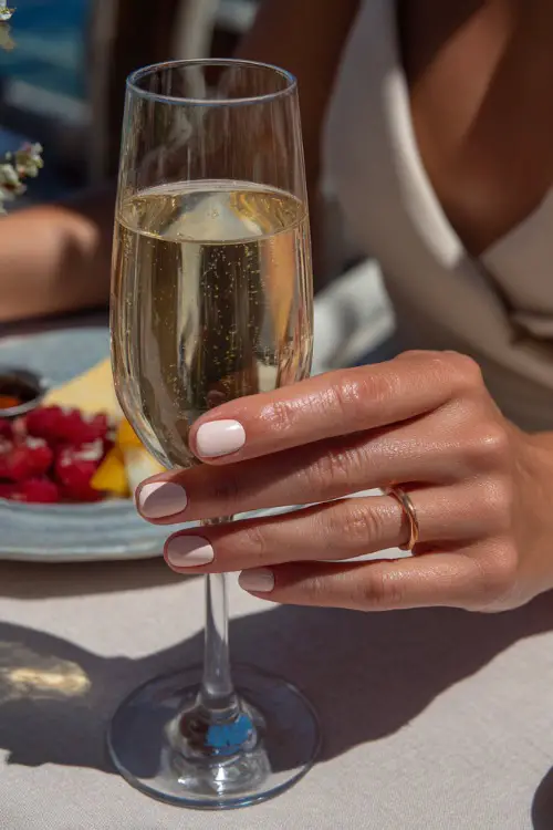 Guest’s hands with short cream-colored nails in glossy finish, holding a glass of champagne at a wedding table 