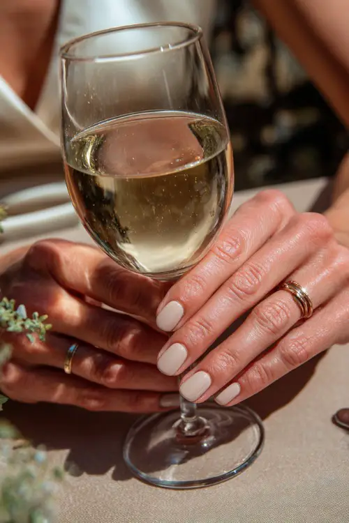 Guest’s hands with short cream-colored nails in glossy finish, holding a glass of champagne at a wedding table