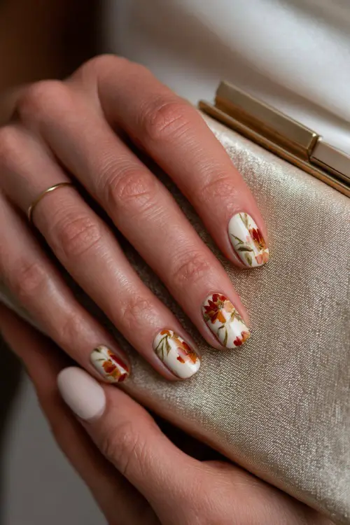 Ivory nails with hand-painted floral patterns in warm fall tones, bride holding a satin bridal clutch 