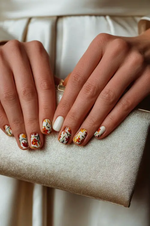 Ivory nails with hand-painted floral patterns in warm fall tones, bride holding a satin bridal clutch 