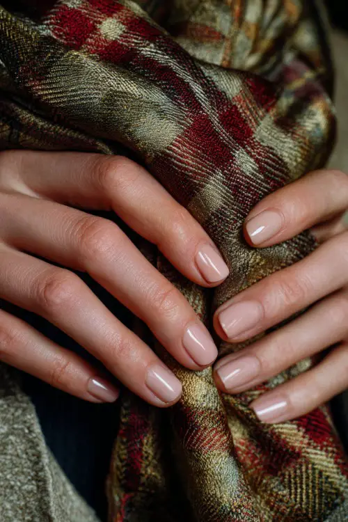 Minimal peach-toned nails with natural finish, guest’s hands adjusting a silk scarf in autumn setting 