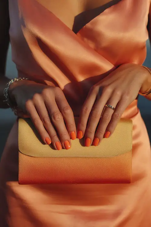 Ombré nails fading from peach to burnt orange, bridesmaid holding a satin clutch bag