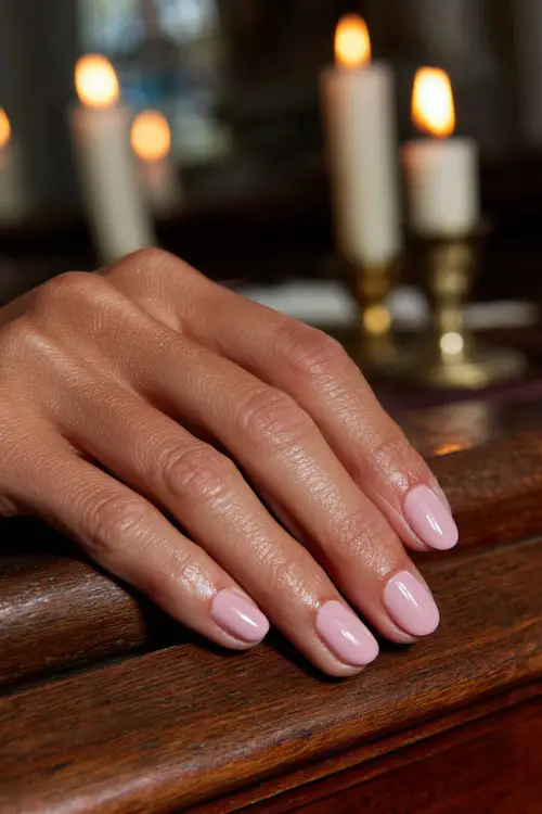 Pale pink nails in oval shape with a smooth glossy finish, guest’s hand resting on wooden wedding table with candles 
